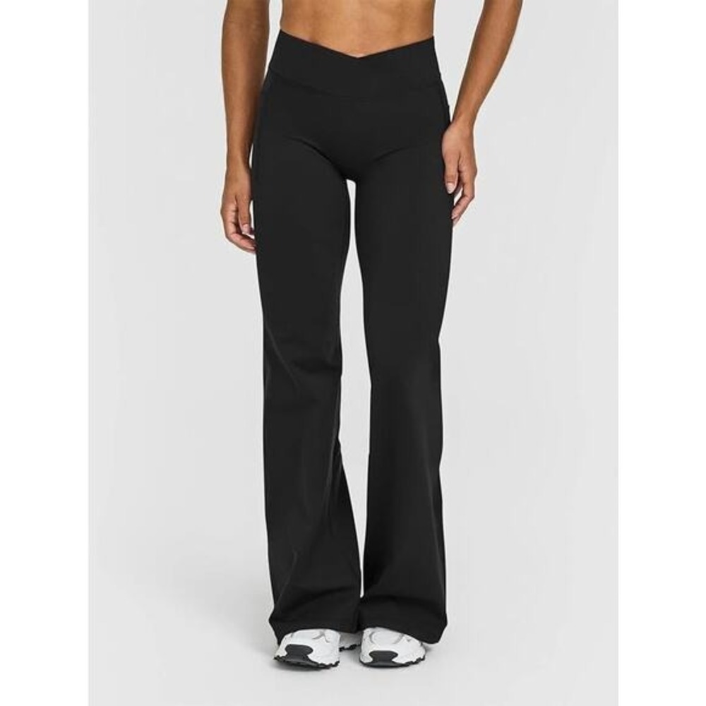 Womens Activewear Black High Waist Flare Yoga Pants Crossover Pocket Leggings  L